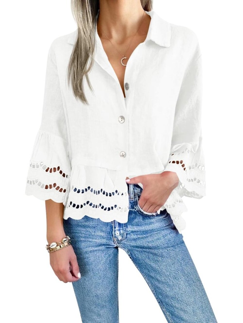 Womens 3/4 Bell Sleeve Button Down Shirt Casual Top Eyelet Blouse
